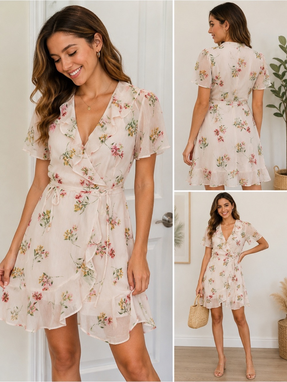 Lush Floral Ruffle Wrap Dress Cream with Pink & Green Floral